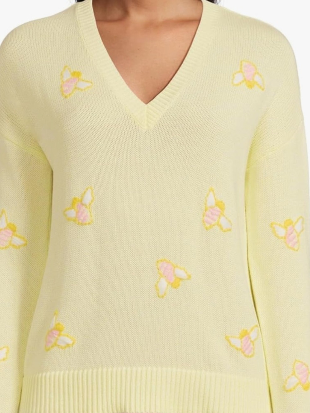 Lilly Pulitzer Tensley Pale Yellow V-Neck Sweater with Pink Bee Embroidery